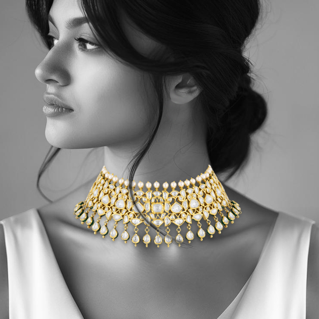 Polki Choker with Teardrop Polkis Hanging & Pearl Fungars